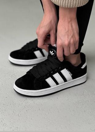 Натуральная замша! женские / мужские зимние кроссовки adidas campus black white winter fur адидас кампус 00s