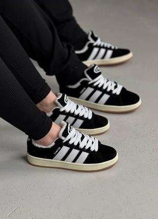 Мужские / женские  зимние адидас кампус 00s adidas campus black white winter fur  с мехом