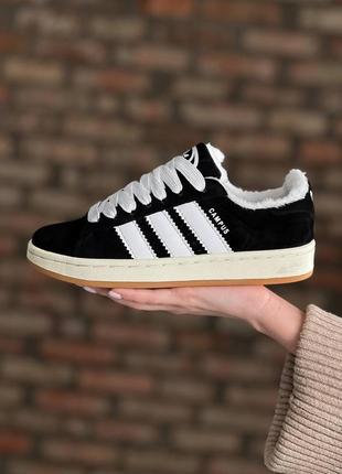 Мужские / женские  зимние адидас кампус 00s adidas campus black white winter fur  с мехом2 фото