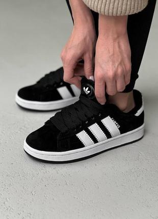 Мужские / женские  зимние адидас кампус 00s adidas campus black white winter fur  с мехом8 фото