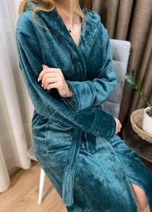 Жіночий теплий халат плюш смарагдовий3 фото