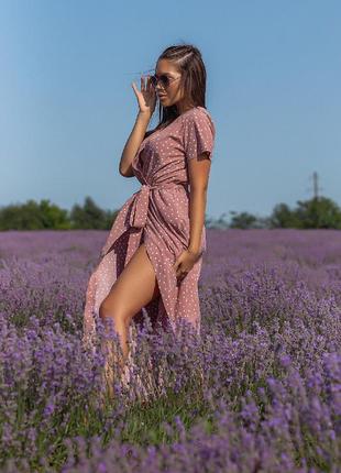 Літній довге жіноче плаття 1240 "софт горошок максі запах" в кольорах7 фото