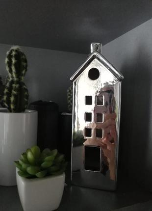 Подсвечник домик хром керамика 22 см