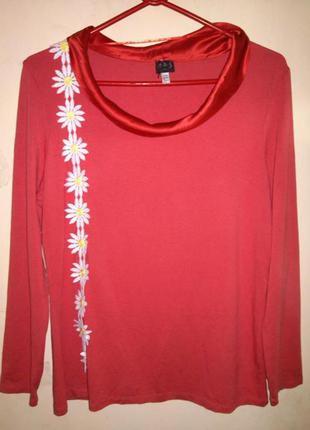 Очаровательная,стрейч-трикотажная,коралловая (фото3) блузка с кружевом,большого размера