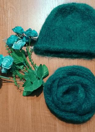 Мохеровий в'язаний набір бірюзового кольору для дівчинки шапка та шарф.5 фото