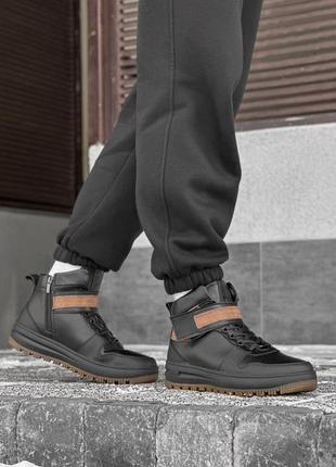 Стильные черные зимние мужские хайтопы,кроссовки с липучкой кожаные/натуральная кожа-мужская обувь