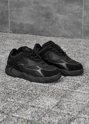 Стильные черные зимние мужские спортивные кроссовки с мехом кожаные/кожа-мужская обувь на зиму