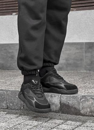 Стильные черные зимние мужские спортивные кроссовки с мехом кожаные/кожа-мужская обувь на зиму