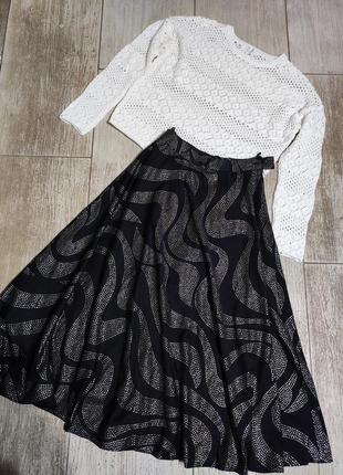 Спідниця миди юбка миди высокая посадкп солнце клеш пышная струящаяся черная нарядная блестящая новый год