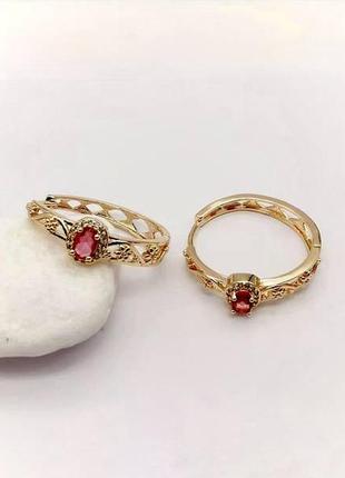 Позолоченные серьги кольца красные камни медицинское золото подарок позолоченные серьги кольца красное камны медзолото подарок