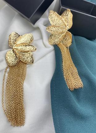 Нові жіночі масивні золотисті золоті сережки висюльки водоспад серьги квіти сережки квіти гвоздики святкові сережки5 фото