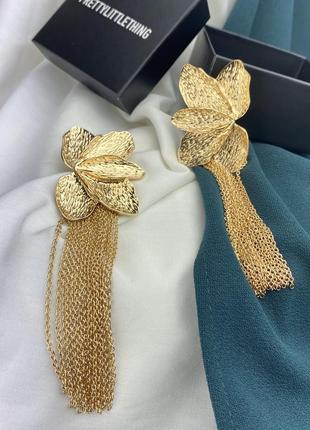 Нові жіночі масивні золотисті золоті сережки висюльки водоспад серьги квіти сережки квіти гвоздики святкові сережки3 фото