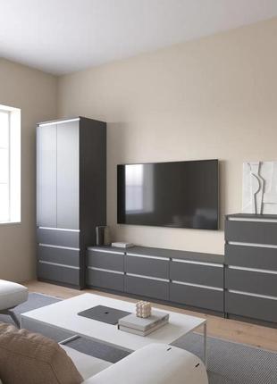 Комплект мебели в гостиную, шкаф r-9 тумба r-12 комод r-4 антрацит-белые планки
