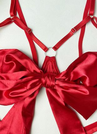 Красный сексуальный комплект белья с гартерами и бантиком8 фото