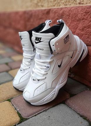 Nike m2k tekno високі білі з чорним кросівки жіночі шкіряні топ якість зимові з хутром ботінки сапоги високі теплі найк7 фото