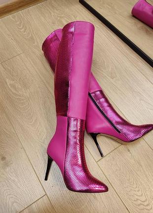 Дизайнерські ексклюзивні високі чоботи tower на шпильці з натуральної шкіри та пітон металік 36-41 зима демі