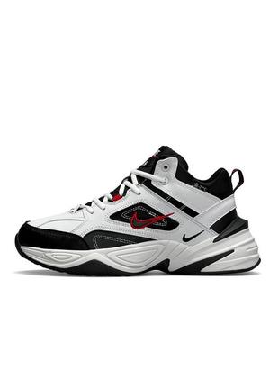 Зимові чоловічі кросівки nike m2k tekno mid white black red fur #найк4 фото