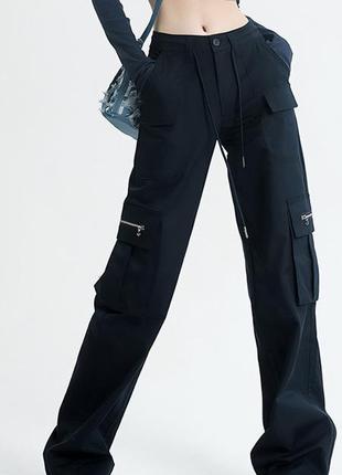 Синие брюки карго с карманами 9133 джинсы на молнии клеш высокая посадка темно-синие1 фото