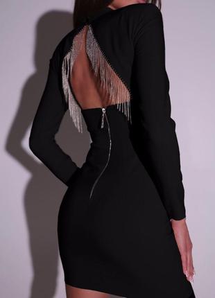 Платье мини с длинными рукавами высоким воротником под горло с вырезом на спине платья с металлической бохрамой блестками черная короткая вечерняя2 фото