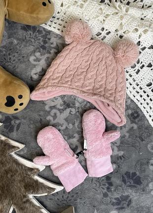 1+1=3 💓лот: шапка вʼязана з вушками m&co 12-18-24 80-86-92 та велсофт рукавички рожеві теплі пудра