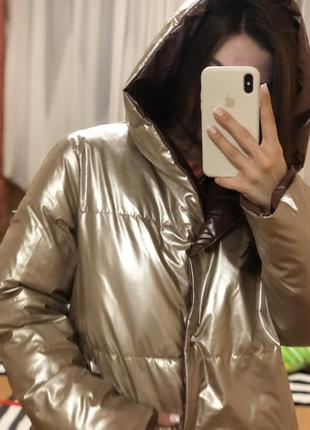 Зимняя двусторонняя куртка зефирка золото-коричневого цвета🤤3 фото
