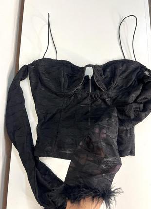 Корсет топ с перьями сетка кофта корсетный топ черный s m plt