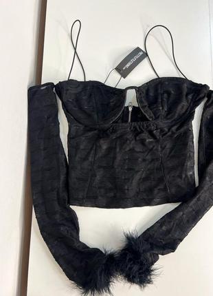 Корсет топ с перьями сетка кофта корсетный топ черный s m plt