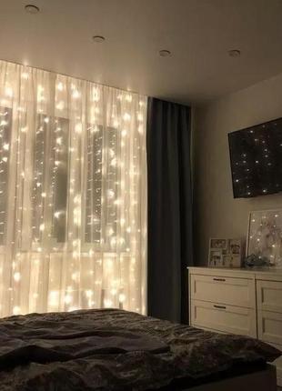 Гирлянда штора 3*3 светодиодная,usb, 300 led, крючки, 8 режимов, пульт.
