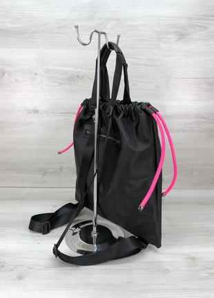 Женский шоппер сумка-рюкзак черный с неоновым малиновым с затяжками3 фото