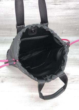 Женский шоппер сумка-рюкзак черный с неоновым малиновым с затяжками2 фото