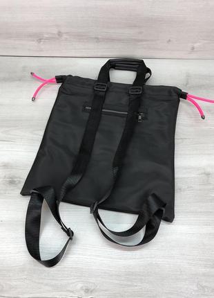 Женский шоппер сумка-рюкзак черный с неоновым малиновым с затяжками5 фото