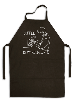 Фартук черный кухонный с оригинальным принтом в подарок баристи "coffee is my religion"1 фото