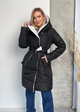 Двухсторонняя теплая зимняя дутая куртка пуховик пальто с капюшоном и поясом7 фото
