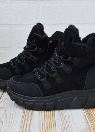 Женские зимние ботинки черные7 фото
