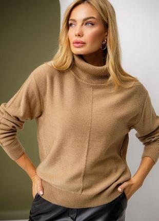 Теплий жіночий светр, вовняний об'ємний светр з мохером, трикотажний джемпер з кантом та високим коміром