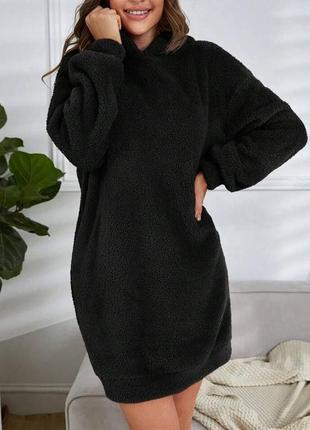 Теплое махровое платье туника с капюшоном свободного кроя короткая с рукавами теплая зимняя6 фото