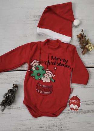 Новорічний костюмчик для малюка червоний з ведмедиками бодік шапочка новорічна для дівчинки хлопчика