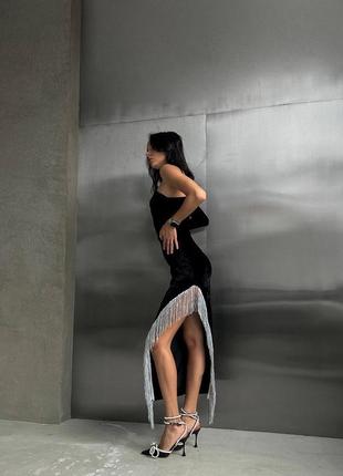Длинное платье из бархата, женское бархатное платье с разрезом, платье с открытым плечом черная4 фото