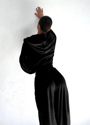 Велюровий стильний спортивний костюм двійка штани палаццо на високій посадці і худі на замку укорочене велюр3 фото