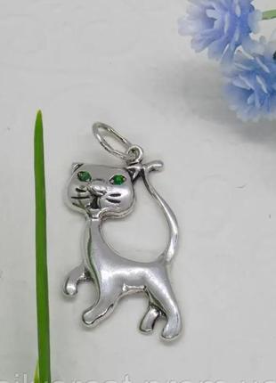 Серебряный кулон подвеска "грациозная кошка с зелёными глазами" 💚💚 серебро 9253 фото