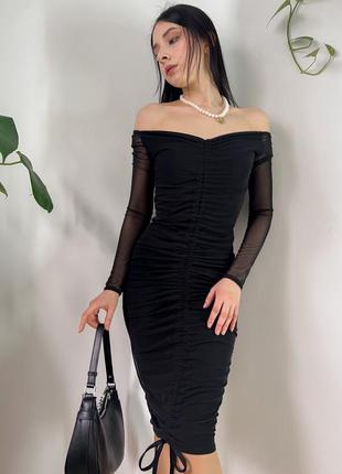 Черное вечернее платье с длинными рукавами миди с открытыми плечами сетка на завязках5 фото