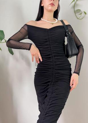 Черное вечернее платье с длинными рукавами миди с открытыми плечами сетка на завязках4 фото