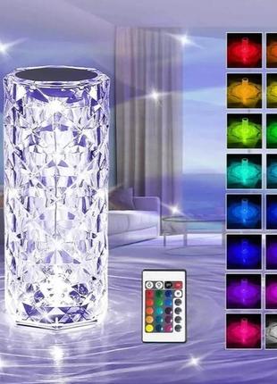 Настольная led лампа кристалл кристальная crystal rose на аккумуляторе с сенсорным управлением на пульте управления. 
16 цветов.