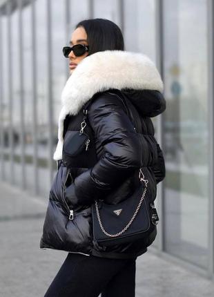 Куртка теплая с капюшоном меховым зима черная дута3 фото