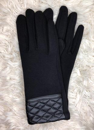 Рукавиці рукавички однотонні чорні зі шкіряними вставками теплі зимні зимові жіночі чоловічі