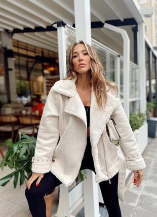 Женская трендовая стильная актуальная светлая дубленка замшевая 2023-2024 турция