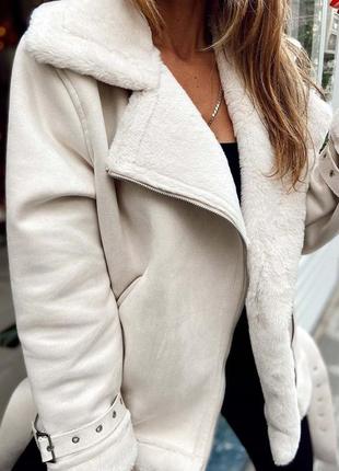 Женская трендовая стильная актуальная светлая дубленка замшевая 2023-2024 турция