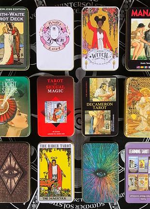 Карти таро райдера вейта the rider tarot колода в жерстяній коробці з напиленням. золото 78 карт1 фото