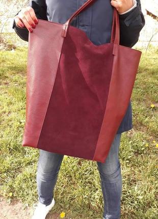 Кожаная сумка-шоппер "гвоздика" (бордовый)9 фото