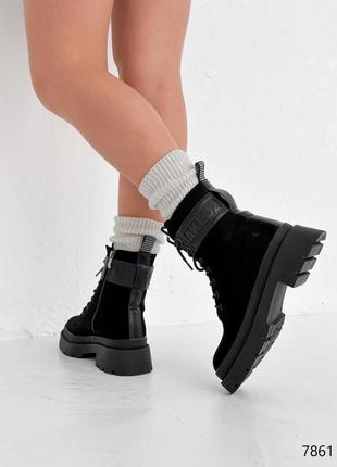 Черные замшевые зимние ботинки на шнурках шнуровке толстой подошве зима6 фото